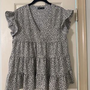 SHEIN Black and White Animal Print Ruffle Blouse